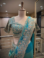 Teal Blue Embroidered Saree Set