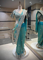 Teal Blue Embroidered Saree Set