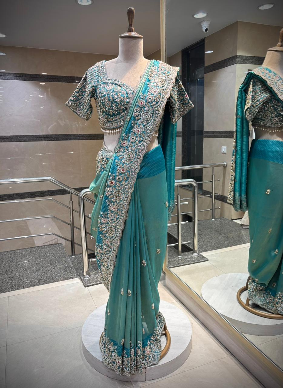 Teal Blue Embroidered Saree Set