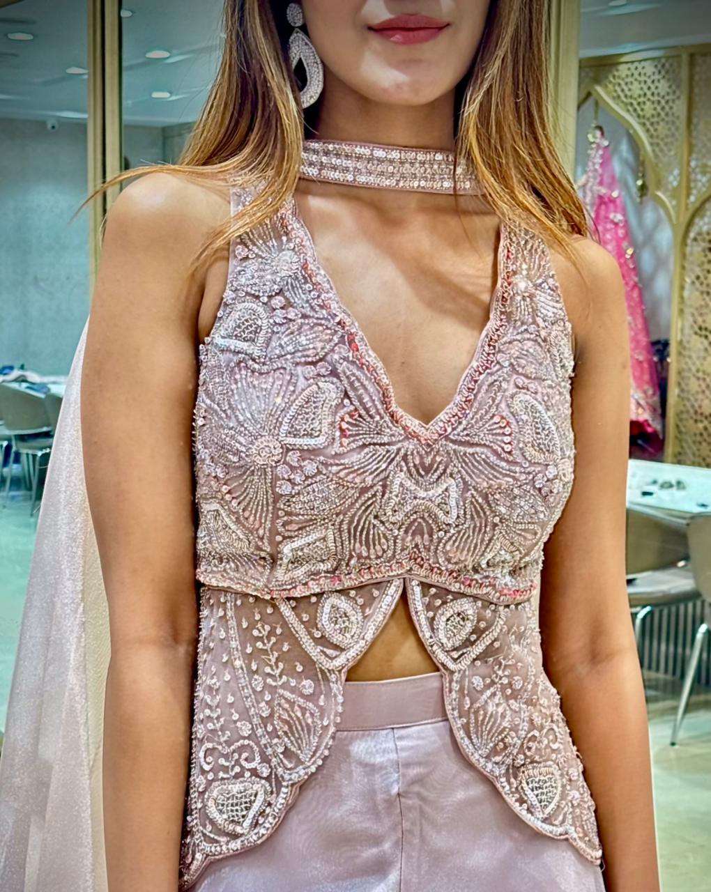 Dusty Mauve Shimmer Organza Indo-Western Crop Top Pant Set with Hand Embroidery