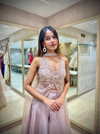 Dusty Mauve Shimmer Organza Indo-Western Crop Top Pant Set with Hand Embroidery