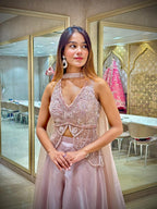 Dusty Mauve Shimmer Organza Indo-Western Crop Top Pant Set with Hand Embroidery