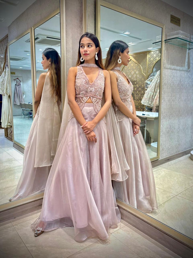 Dusty Mauve Shimmer Organza Indo-Western Crop Top Pant Set with Hand Embroidery Hover Image