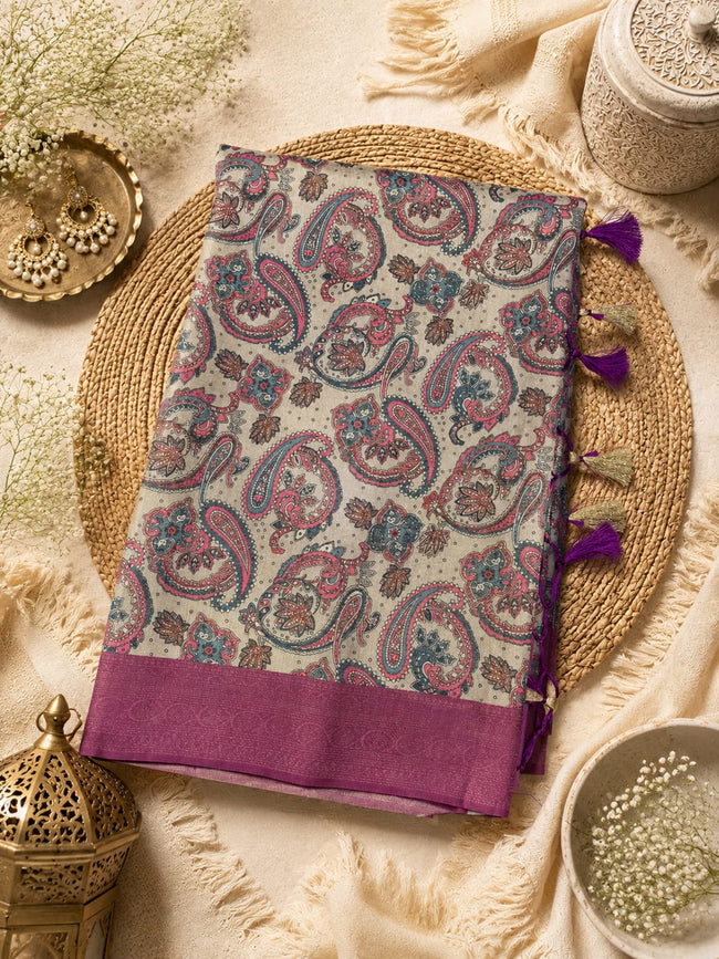 Regal Paisley Kalamkari Tussar Silk Saree Hover Image