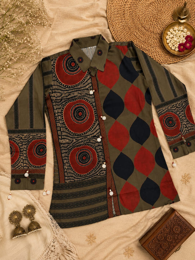 Olive Multi-Print Muslin Tunic Hover Image