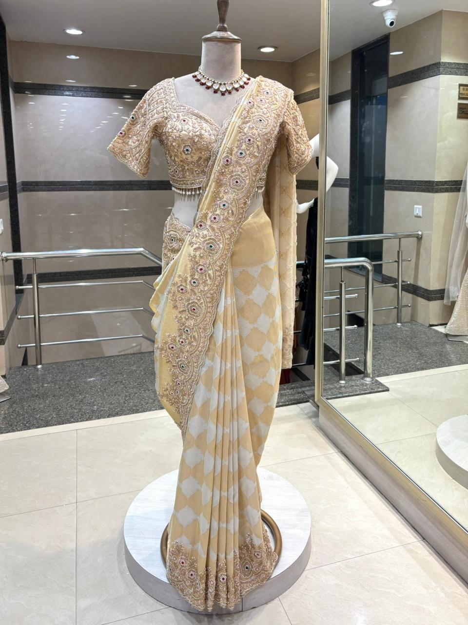 Ivory & Cream Floral Embellished Saree