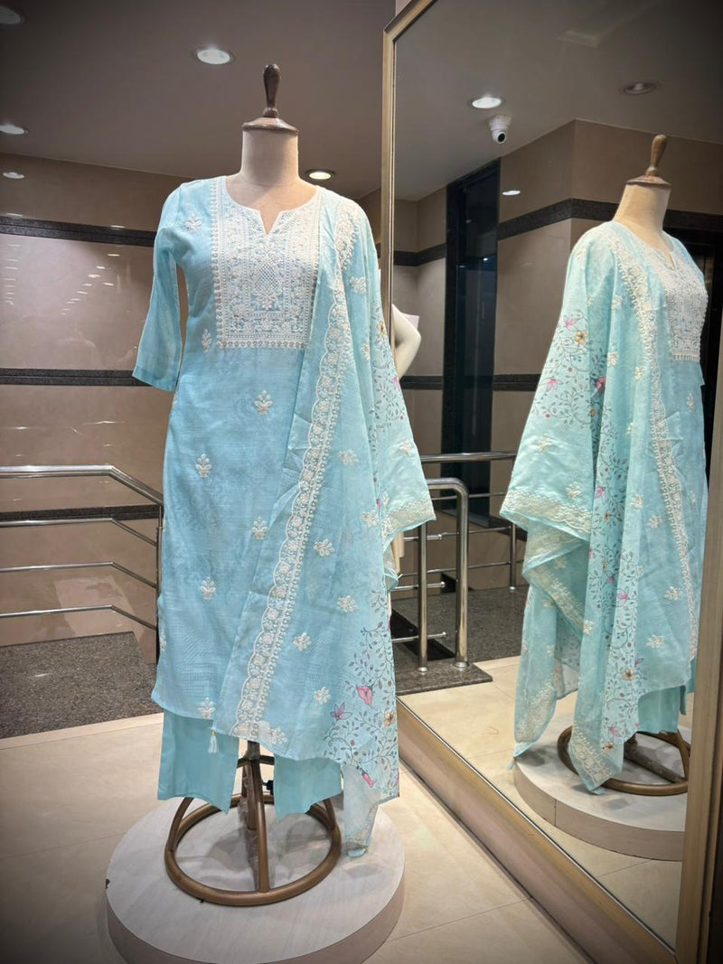 Pastel Aqua Embroidered Kota Doriya Kurta Set