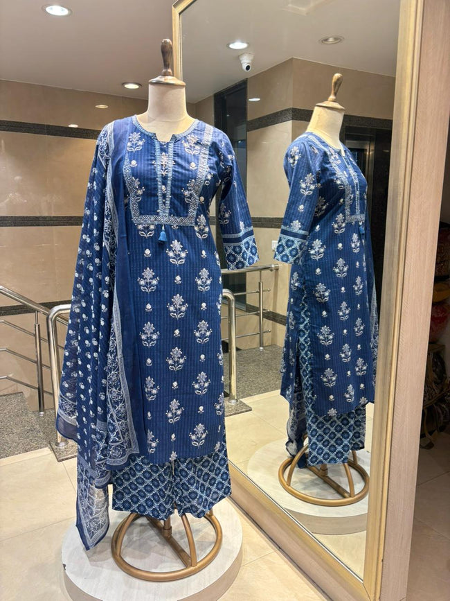 Indigo Blue Printed & Embroidered Kurta Set Hover Image