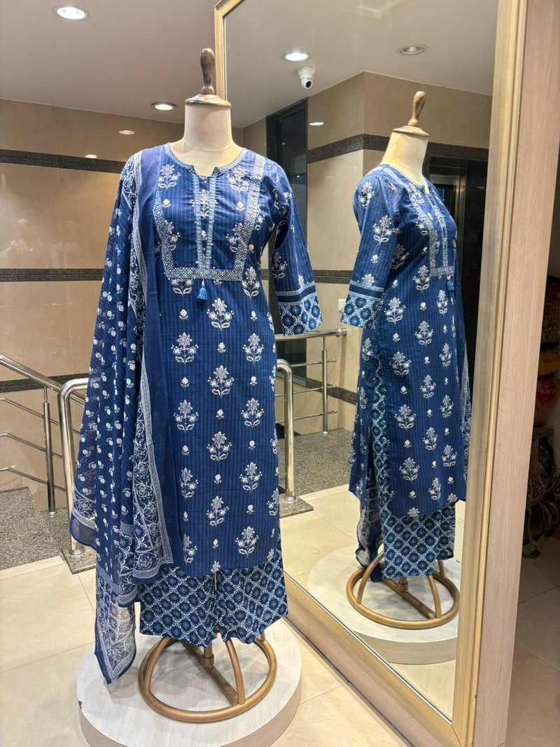 Indigo Blue Printed & Embroidered Kurta Set