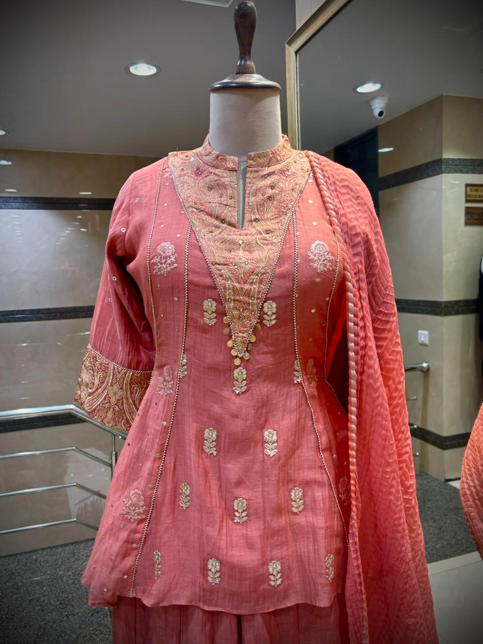 Coral Pink Embroidered Peplum Kurta & Sharara Set