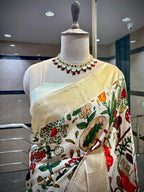 Ivory Botanical Print Tussar Silk Saree with Woven Zari Border