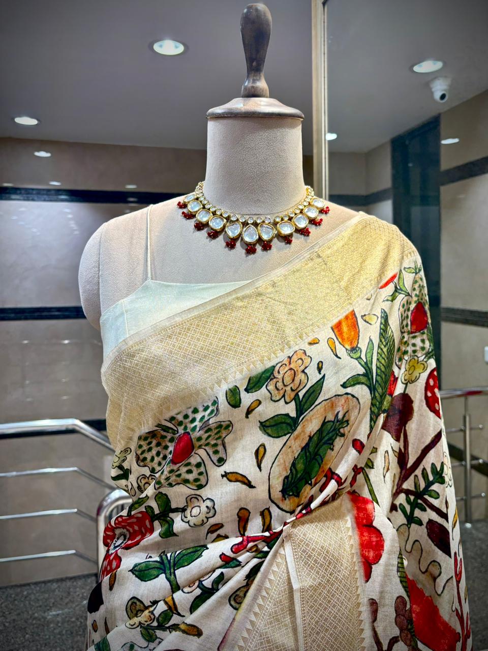 Ivory Botanical Print Tussar Silk Saree with Woven Zari Border