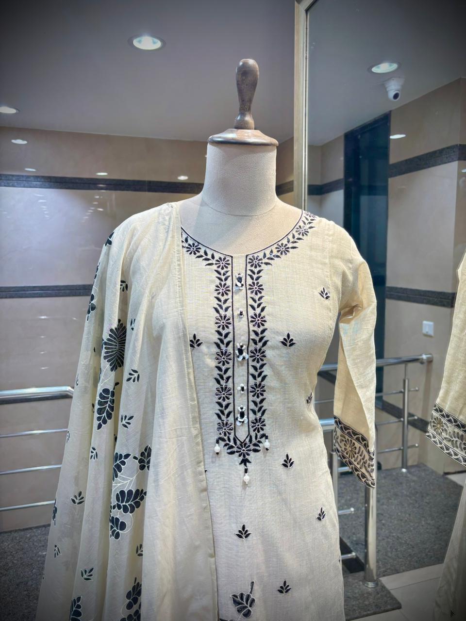 Ivory & Black Floral Embroidered Kurta Set