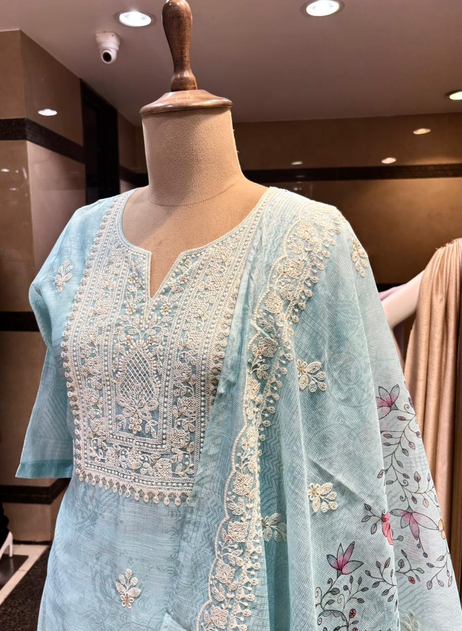 Pastel Aqua Embroidered Kota Doriya Kurta Set