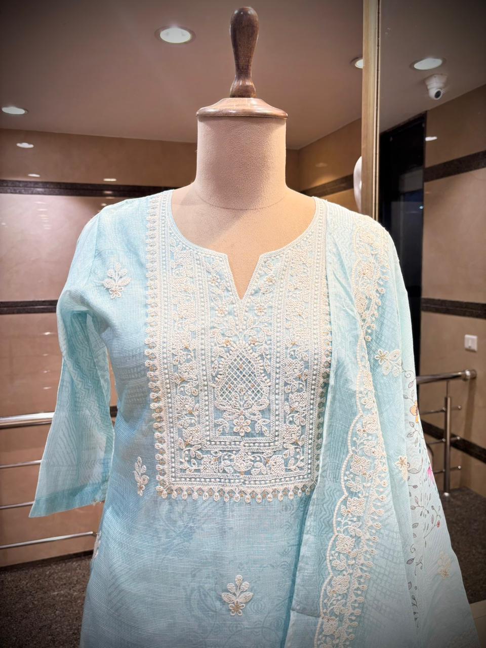 Pastel Aqua Embroidered Kota Doriya Kurta Set