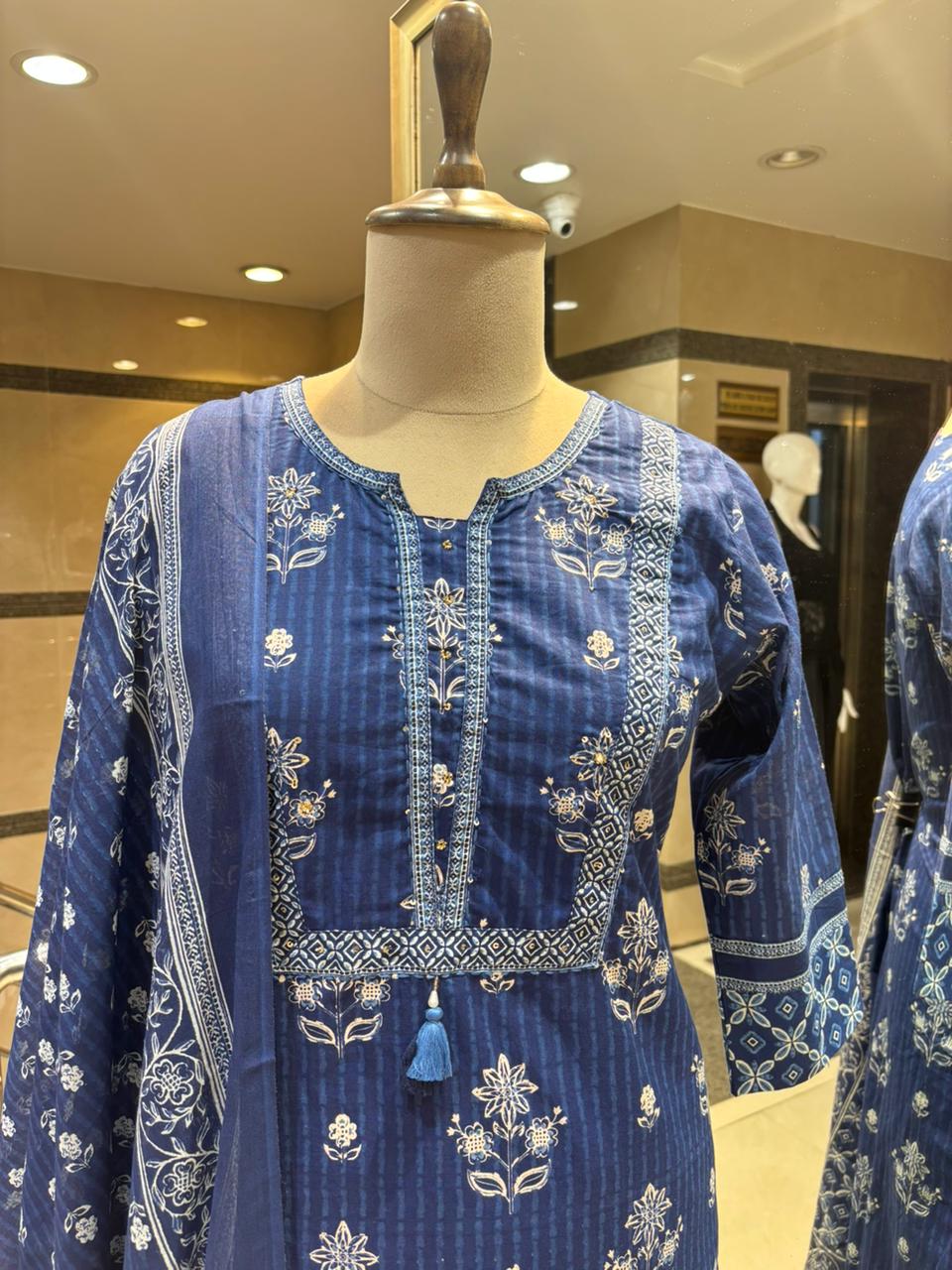 Indigo Blue Printed & Embroidered Kurta Set