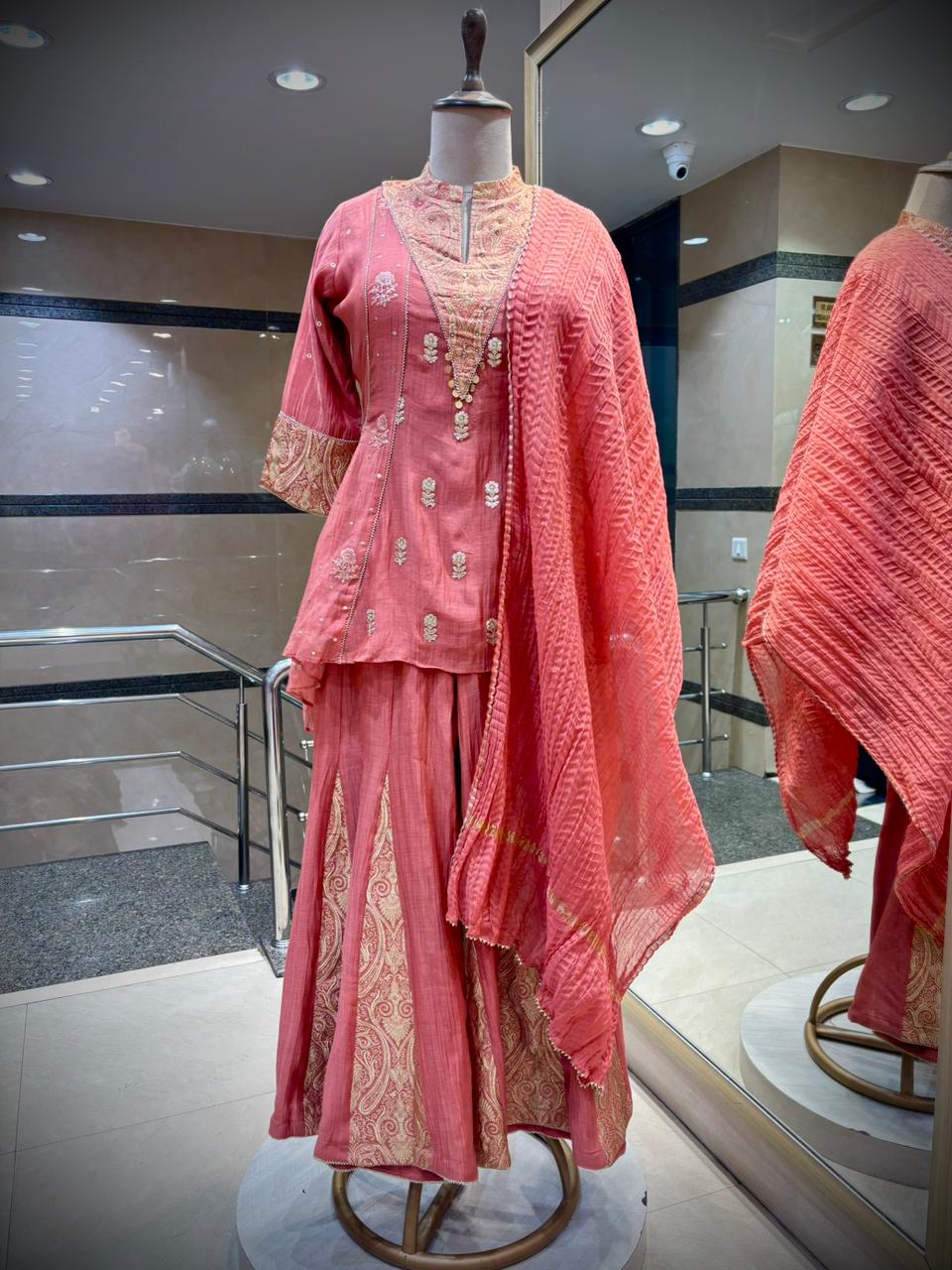 Coral Pink Embroidered Peplum Kurta & Sharara Set