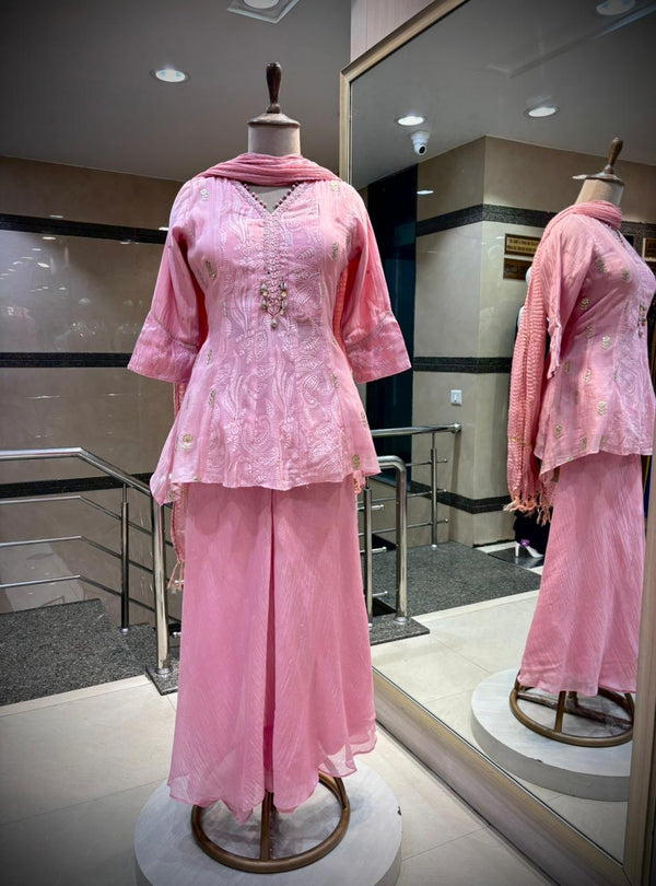 Soft Rose Pink Embroidered Peplum Kurta Set