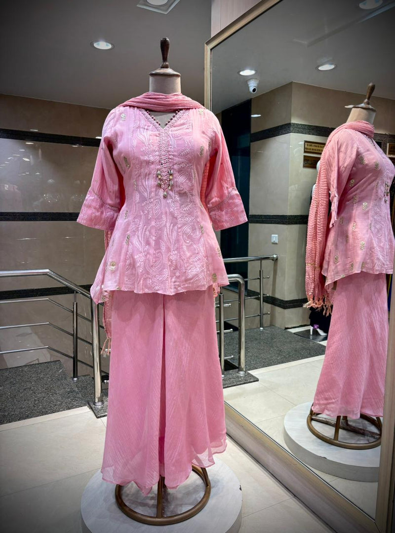 Soft Rose Pink Embroidered Peplum Kurta Set