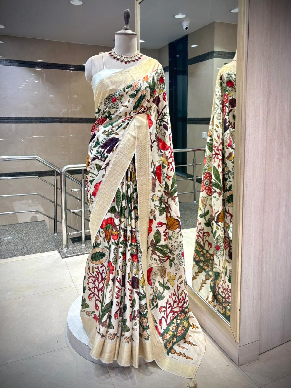 Ivory Botanical Print Tussar Silk Saree with Woven Zari Border