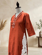 Terracotta Rust V-Neck Kurta Set with Afghani Trousers and Lace Appliqué Detailing