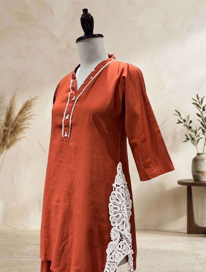 Terracotta Rust V-Neck Kurta Set with Afghani Trousers and Lace Appliqué Detailing