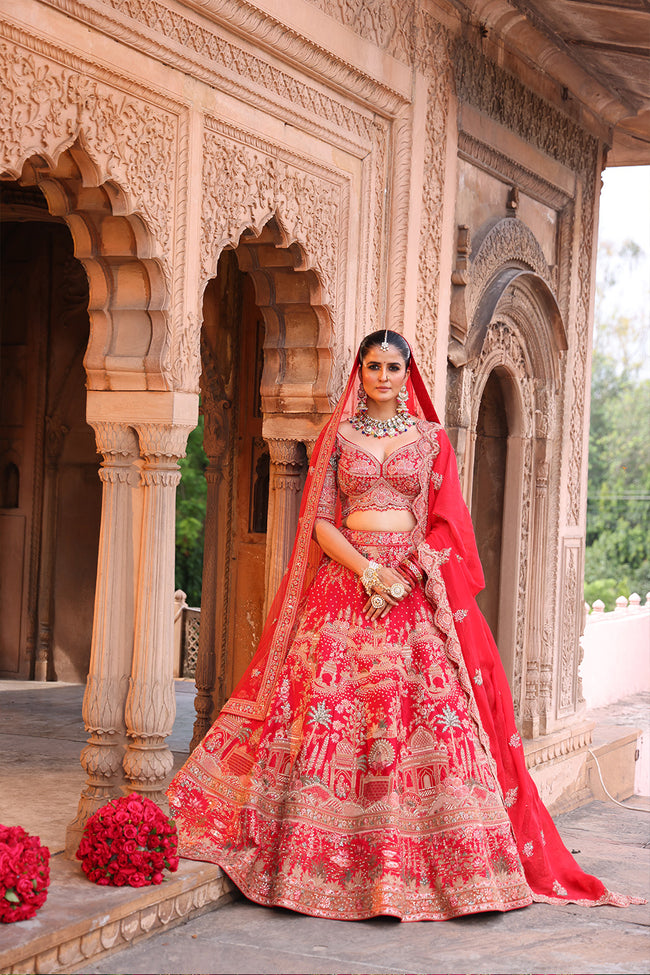 Mayura Architectural Heritage Lehenga in Crimson Hover Image