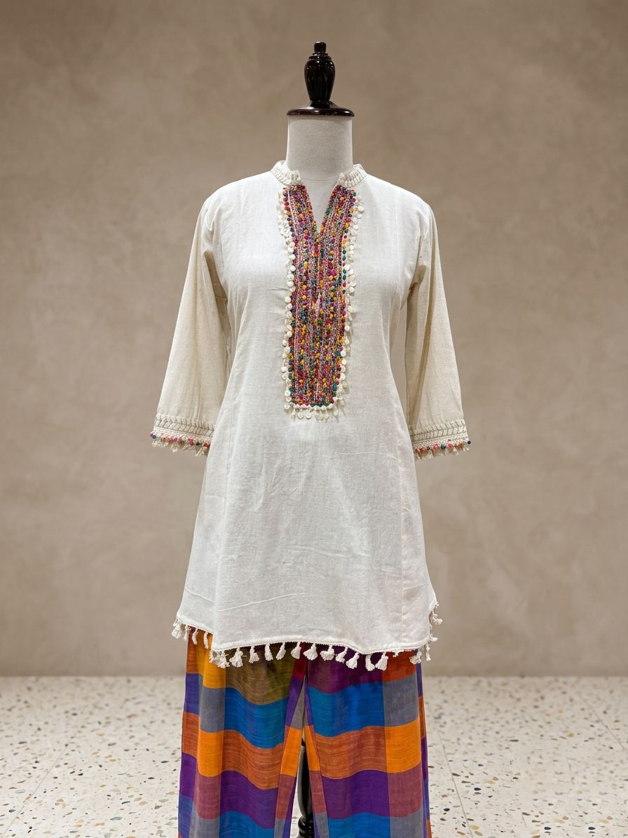 Ivory Beaded V-Neck Kaftan Tunic