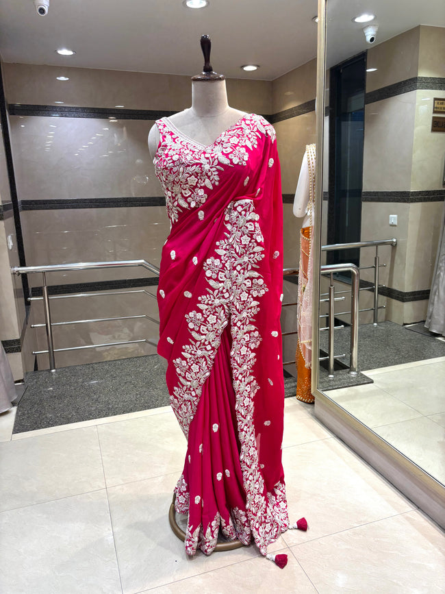 Fuchsia Bloom Hand-Embroidered Saree Hover Image
