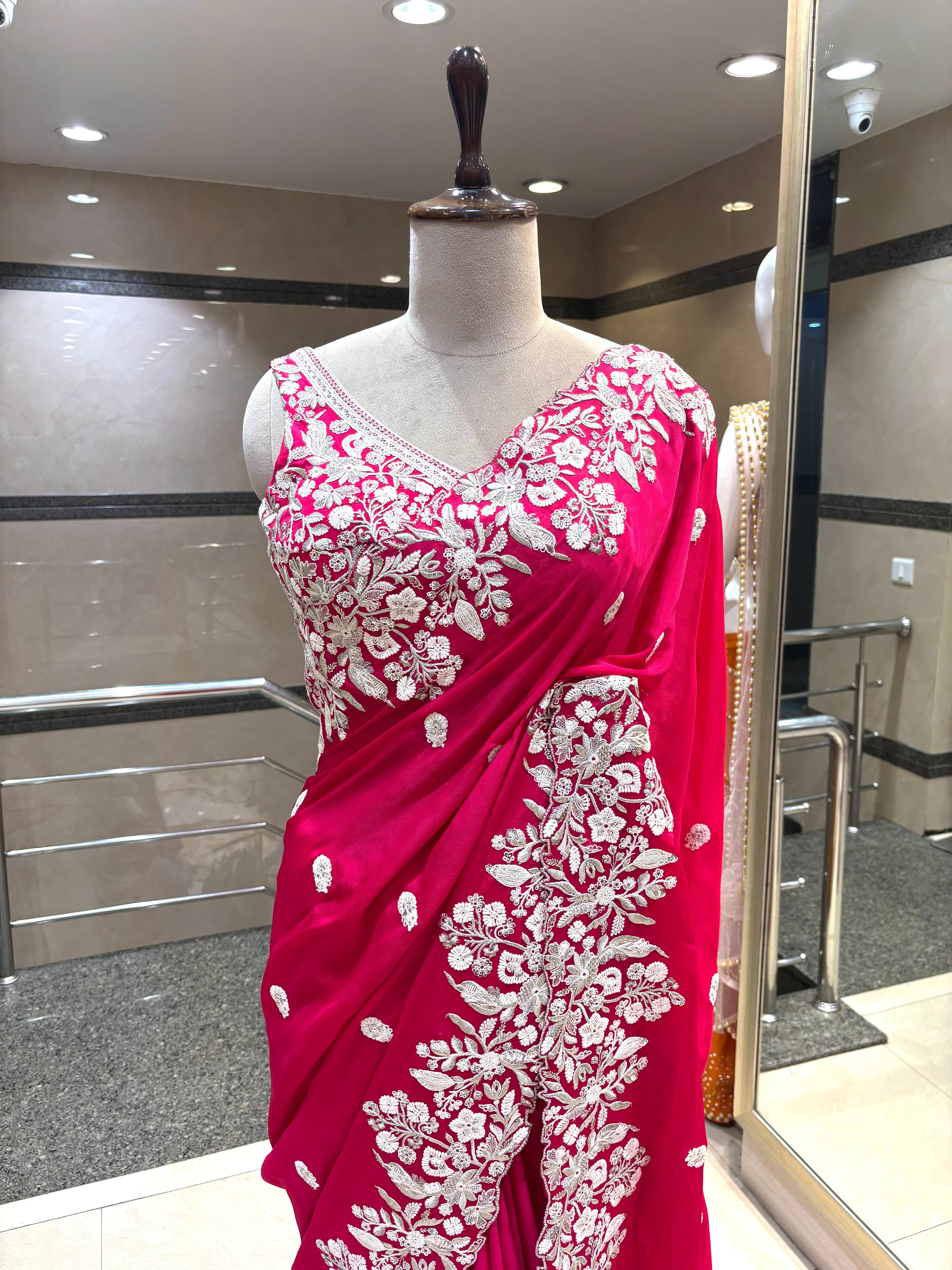 Fuchsia Bloom Hand-Embroidered Saree
