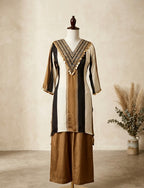 Bronze Black Cream Color-Block V-Neck Kurta Set with Wide-Leg Trousers