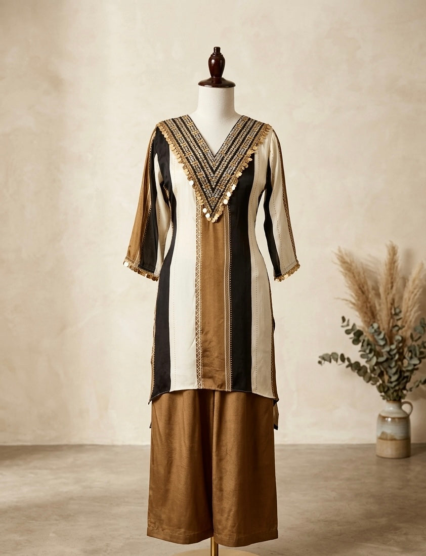 Bronze Black Cream Color-Block V-Neck Kurta Set with Wide-Leg Trousers