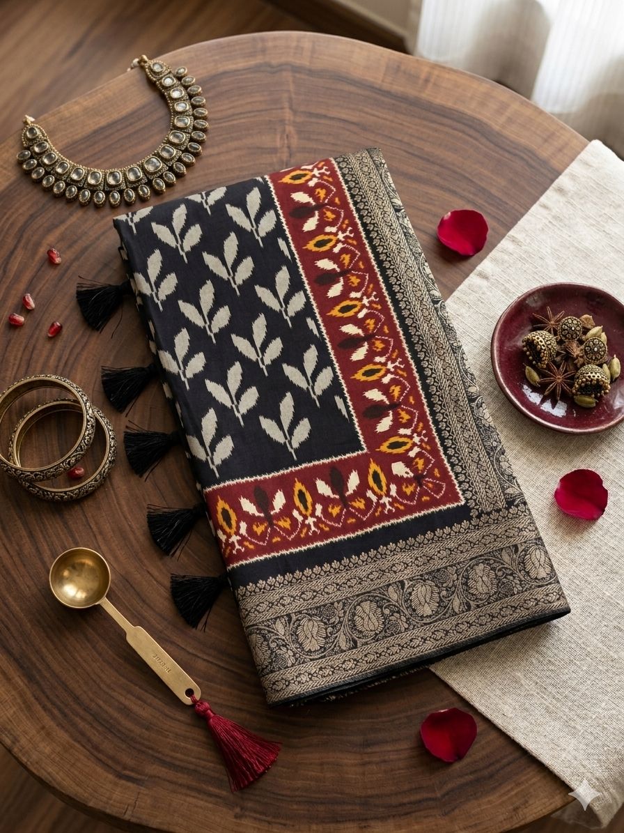 Black Woven Saree with Silver Zari Border