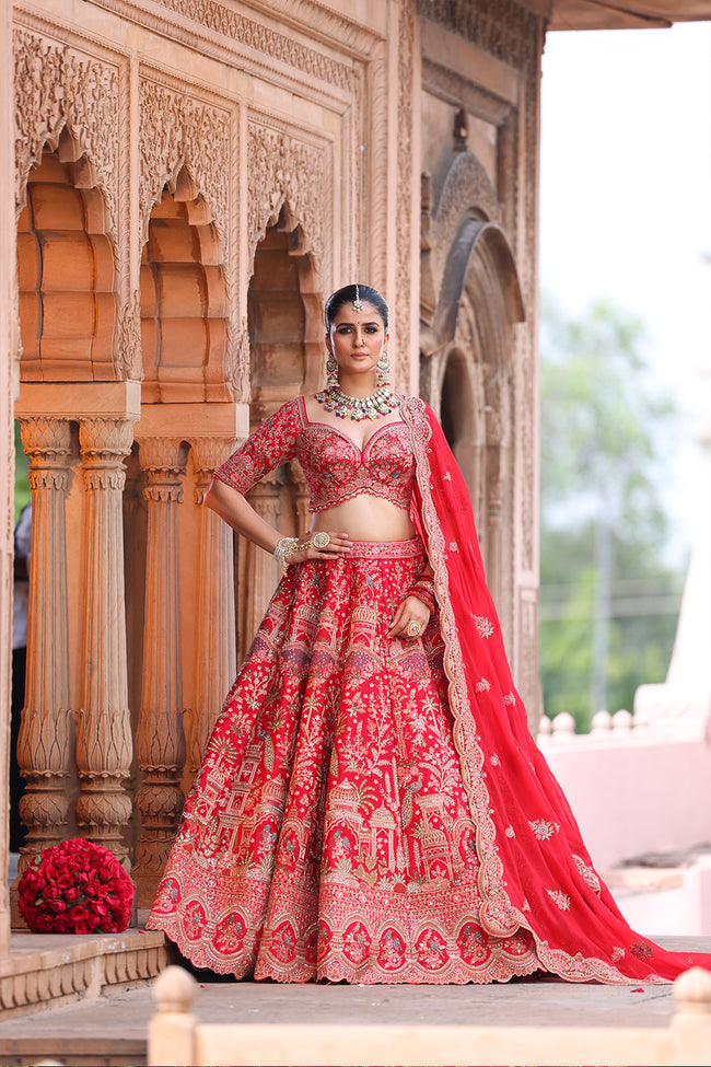 Darbar Heritage Panelled Lehenga in Deep Crimson Hover Image
