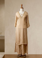 Champagne Fawn Beige Cut Dana Handwork Kurta Set with Wide-Leg Palazzos