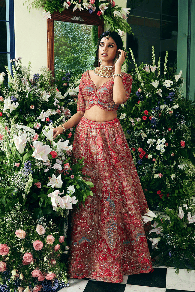 Mehtab Coral Heritage Lehenga with Azure Accents Hover Image