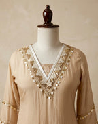 Champagne Fawn Beige Cut Dana Handwork Kurta Set with Wide-Leg Palazzos