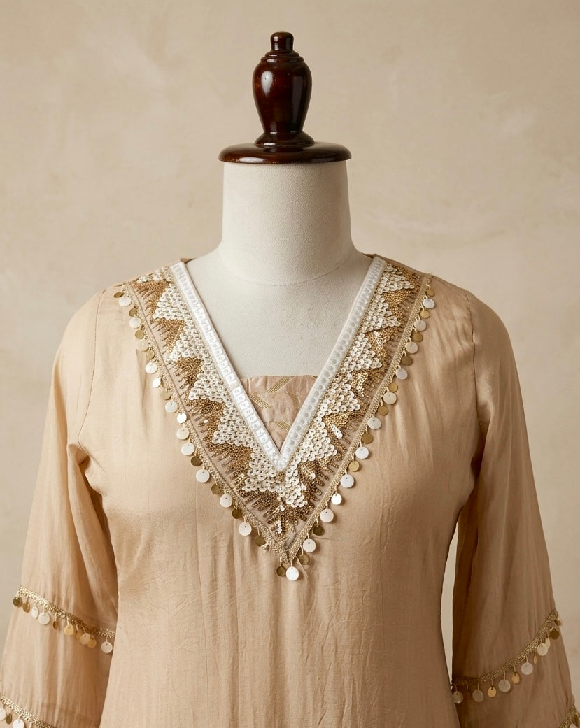 Champagne Fawn Beige Cut Dana Handwork Kurta Set with Wide-Leg Palazzos