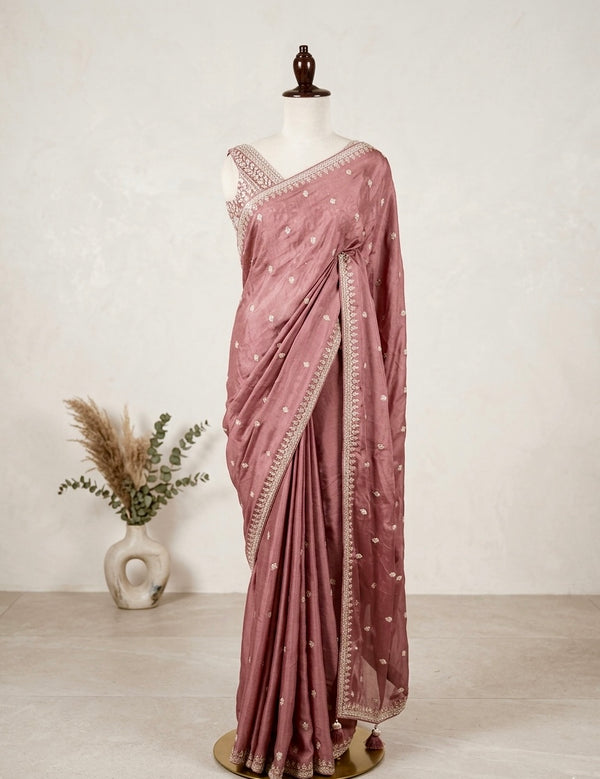 Dusty Mauve Vintage Rose Embroidered Saree