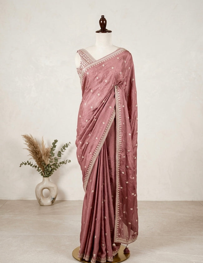 Dusty Mauve Vintage Rose Embroidered Saree Hover Image