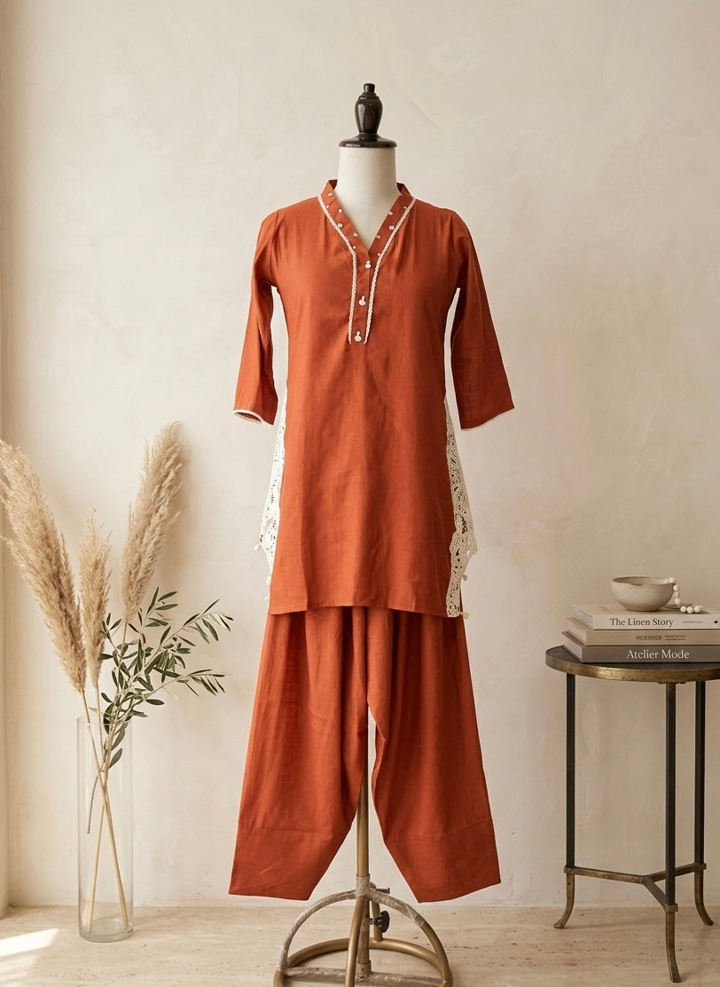 Terracotta Rust V-Neck Kurta Set with Afghani Trousers and Lace Appliqué Detailing