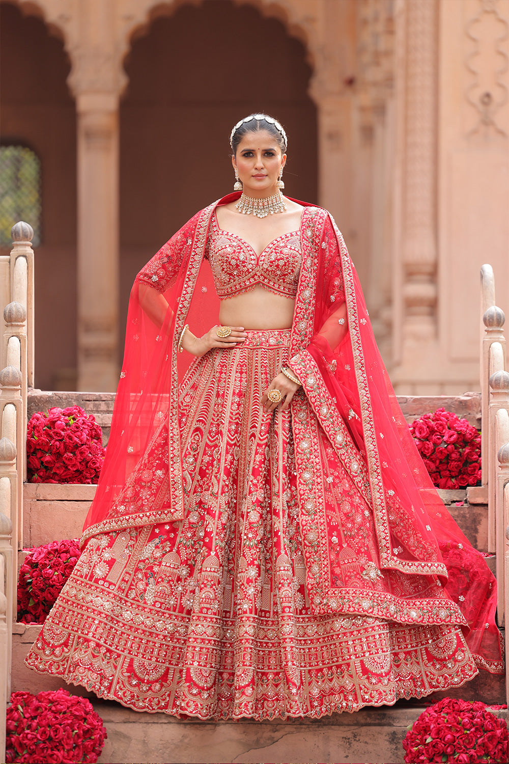 Mughlai Kalidaar Lehenga in Scarlet & Vermillion